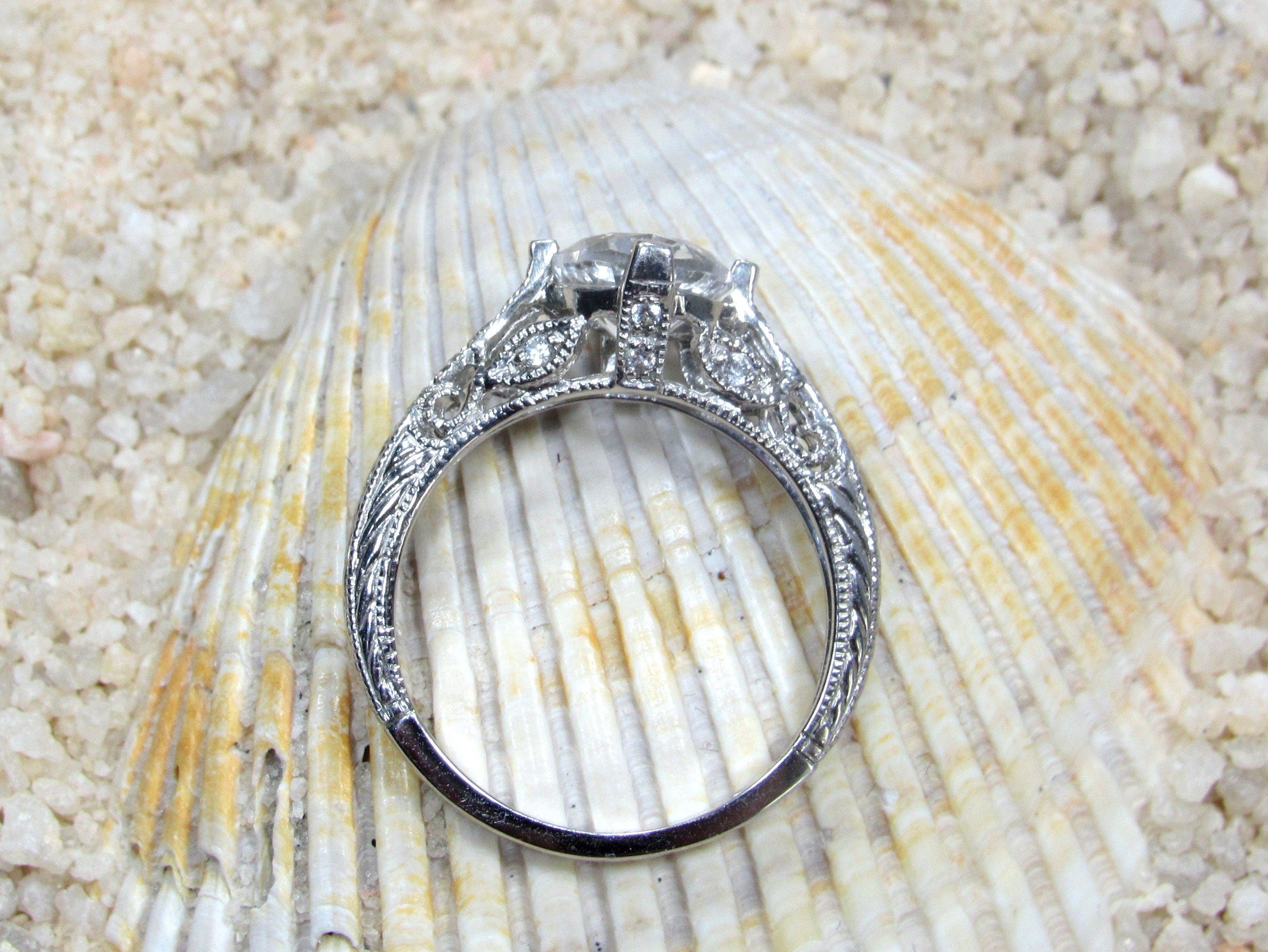 Pear shaped white sapphire engagement ring set 14k white gold unique v –  Ohjewel